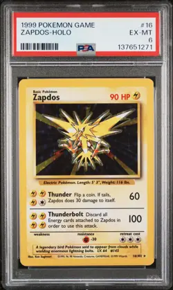 1999 POKEMON BASE SET UNLIMITED #16 ZAPDOS-HOLO PSA 6 - Image 1