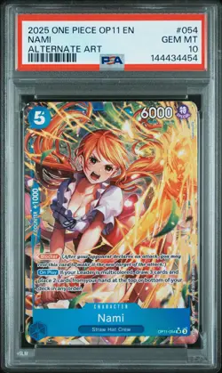 2025 ONE PIECE OP11-A FIST OF DIVINE SPEED ALTERNATE ART #054 NAMI PSA 10 - Image 1