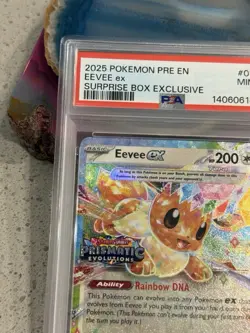 Eevee EX Prismatic Evolution Stamped Promo Card 075/131 Surprise Box PSA 9 Mint - Image 2