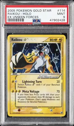 2005 POKEMON EX UNSEEN FORCES GOLD STAR #114 RAIKOU-HOLO PSA 9 - Image 1