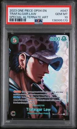 2023 ONE PIECE OP04-KINGDOMS OF INTRIGUE SPECIAL ALT ART TRAFALGAR LAW PSA 10 - Image 1