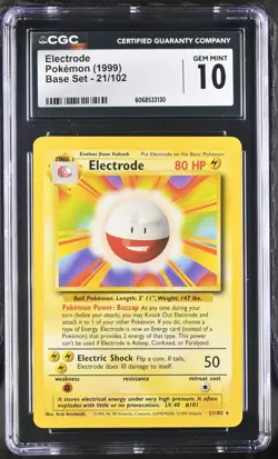 CGC 10 GEM MINT Electrode 1999 Base Set 21/102 Pokemon Card - Image 1