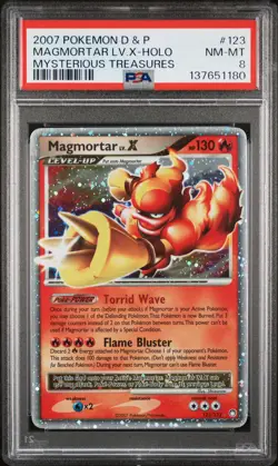 2007 POKEMON DIAMOND & PEARL MYSTERIOUS TREASURES #123 MAGMORTAR LV.X-HOLO PSA 8 - Image 1
