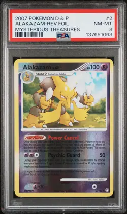 2007 POKEMON DIAMOND & PEARL MYSTERIOUS TREASURES #2 ALAKAZAM-REVERSE FOIL PSA 8 - Image 1