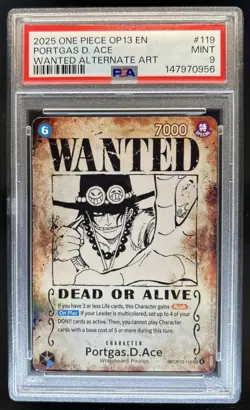 2025 One Piece Carrying On His Will Portgas D Ace Wanted Alt Art #OP13-119 PSA 9 - Image 1