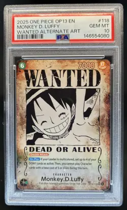 2025 One Piece Carrying On Will Monkey D Luffy Wanted Alt Art #OP13-118 PSA 10 - Image 1