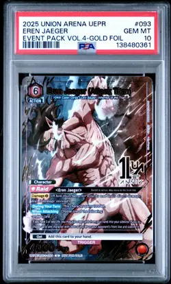 Union Arena TCG Eren Jaeger Gold Promo Alt Art Holo PSA 10 Gem Mint AOT - Image 1