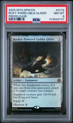 2025 MTG MARVEL'S SPIDER-MAN PRERELEASE #0172 ROCKET-POWERED GOBLIN GLIDER PSA 8 - Image 1