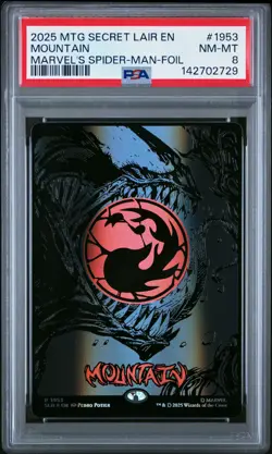 2025 MTG SECRET LAIR DROP MARVEL'S SPIDER-MAN: MANA SYMBIOTE-FOIL MOUNTAIN PSA 8 - Image 1