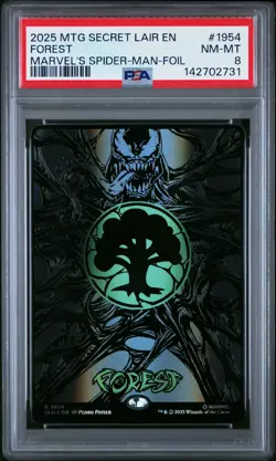 2025 MTG SECRET LAIR DROP MARVEL'S SPIDER-MAN: MANA SYMBIOTE-FOIL FOREST PSA 8 - Image 1