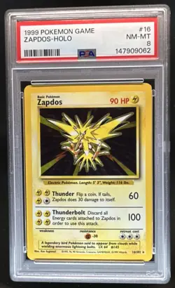 1999 Pokemon Unlimited Zapdos Rare Holo #16/102 PSA 8 - Image 1