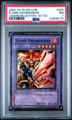 2002 YU-GI-OH! LOB-LEGEND OF BLUE EYES WHITE DRAGON 1ST ED FLAME SWORDSMAN PSA 7 - Image 1