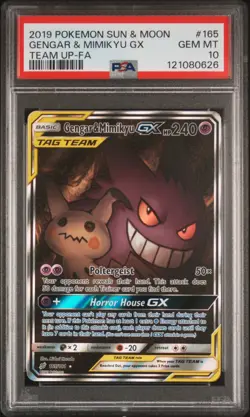 2019 POKEMON SUN & MOON TEAM UP #165 FULL ART/GENGAR & MIMIKYU GX PSA 10 - Image 1