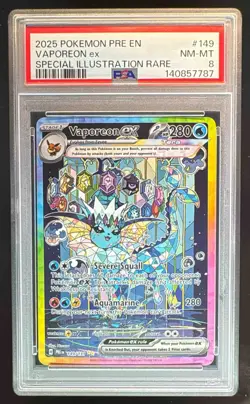 140857787 Vaporeon ex 2025 Pokemon Prismatic Evolutions #149 SIR PSA 8 - Image 1