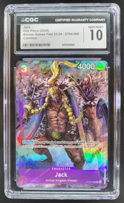 2024 ONE PIECE CCG JACK BANDAI GAMES FEST ST04-008 CGC 10 RC7 - Image 1