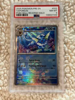 VAPOREON PSA 8 2025 POKEMON PRISMATIC EVOLUTIONS #022/131 REVERSE HOLO POKE BALL - Image 1