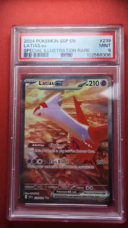 2024 POKEMON SSP EN-SURGING SPARKS SPECIAL ILLUSTRATION RARE LATIAS EX PSA 9 - Image 1