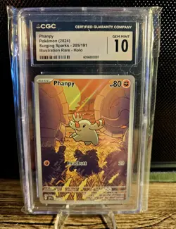 💎 CGC 10 GEM MINT Pokemon Phanpy Sv08 Surging Sparks 205/191 Illustration Rare - Image 1