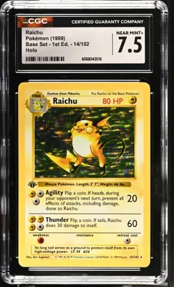 POKEMON CGC 7.5 Raichu 14/102 1999 Base Set - 1st Edition Rare Holo *3016 - Image 1