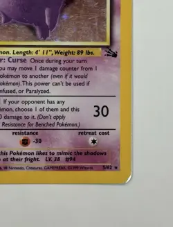 Gengar Holo 5/62 Fossil Pokemon Card 1999 HP Heavily Played - Image 2