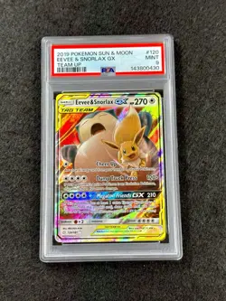 2019 POKEMON SUN & MOON TEAM UP #120/181 EEVEE & SNORLAX GX TAG TEAM PSA 9 - Image 1