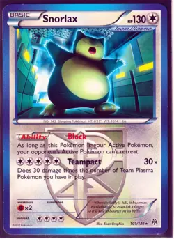 POKEMON 2012 SNORLAX (Team Plasma) 101/135- PLASMA STORM-RARE-REGULAR NM/LP (S1) - Image 1