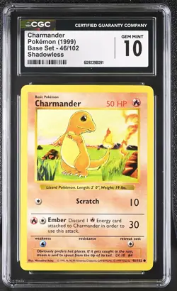 CGC 10 GEM MINT Charmander 1999 Base Set 46/102 Shadowless Pokemon Card - Image 1