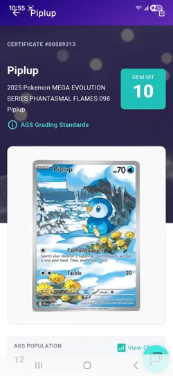 Pokemon TCG Piplup Illustration Rare 098/094 Phantasmal Flames AGS 10 GEM MINT - Image 3
