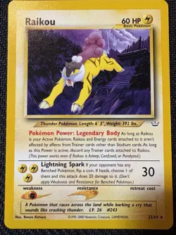 Pokemon TCG Raikou Neo Revelation Card 22/64 Unlimited Rare, Vintage WOTC LP - Image 1