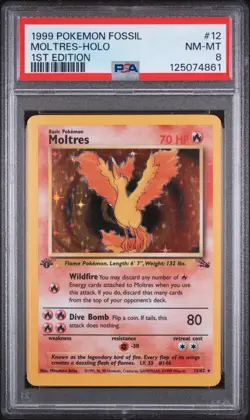 1999 POKEMON FOSSIL 1ST ED #12 MOLTRES-HOLO PSA 8 - Image 1
