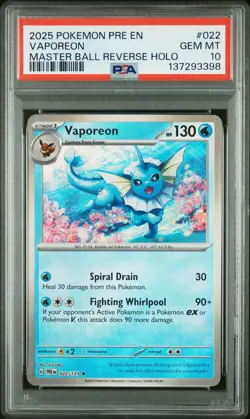 2025 POKEMON PRISMATIC EVOLUTIONS MASTER BALL REVERSE HOLO #022 VAPOREON PSA 10 - Image 1