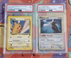 2001 Pokemon Pikachu Black Star promo #26 + 2010 Noctowl 8/123 holo PSA graded - Image 1