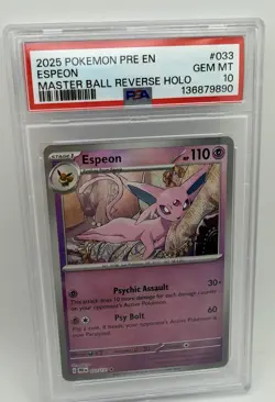 2025 POKEMON PRE EN-PRISMATIC EVOLUTIONS MASTER BALL REVERSE HOLO ESPEON PSA 10 - Image 1
