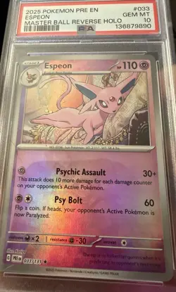 2025 POKEMON PRE EN-PRISMATIC EVOLUTIONS MASTER BALL REVERSE HOLO ESPEON PSA 10 - Image 2