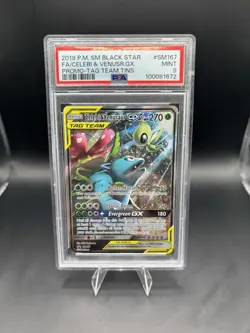 2019 POKEMON SM TAG TEAM TINS PROMO FULL ART/CELEBI & VENUSAUR GX PSA 9 - Image 1