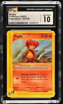 Pokemon 2002 Expedition Base Set 52/165 Non-Holo Rare Magby CGC 10 Gem Mint - Image 1