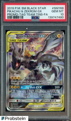 2019 Pokemon SMBSP Tag Team Tins #SM168 Pikachu & Zekrom GX PSA 10 - Image 1