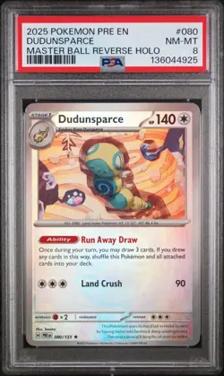 2025 POKEMON SV PRISMATIC EVOLUTIONS 080/131 DUDUNSPARCE MASTER BALL PSA 8 - Image 1