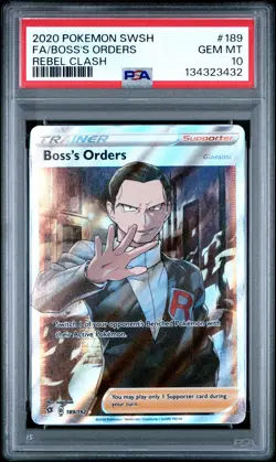 2020 POKEMON SWORD & SHIELD REBEL CLASH #189 FULL ART/BOSS'S ORDERS PSA 10 - Image 1