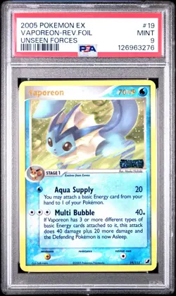 2005 POKEMON EX UNSEEN FORCES #19 VAPOREON-REVERSE FOIL PSA 9 - Image 1