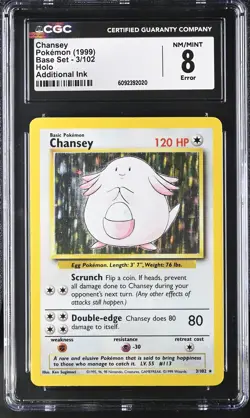 CGC 8 Additional Ink Error Chansey 1999 Base Set 3/102 Holo Pokemon Card - Image 1