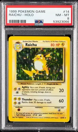 1999 POKEMON BASE SET UNLIMITED #14 RAICHU-HOLO PSA 8 - Image 1