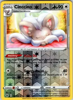 Cinccino 147/202 SWSH01: Sword & Shield Base Set Pokemon NM Reverse Holo - Image 1