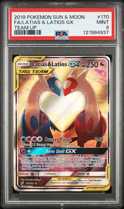 2019 POKEMON SUN & MOON TEAM UP #170 FULL ART/LATIAS & LATIOS GX PSA 9 - Image 1