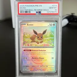 Pokemon Eevee 074/131 Prismatic Evolutions Master Ball Reverse Holo PSA 10 - Image 1
