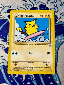 Vintage Surfing Pikachu 🌊 #28 Black Star Promo Pokemon Card 2001 WOTC ✨ - Image 1