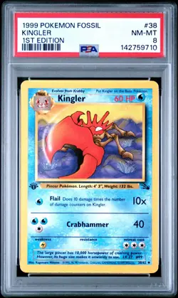 PSA 8 NM/MT 1999 POKEMON FOSSIL 38 KINGLER 1ST EDITION ENGLISH - Image 1