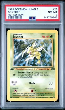 PSA 8 NM/MT 1999 POKEMON JUNGLE 26 SCYTHER 1ST EDITION ENGLISH - Image 1