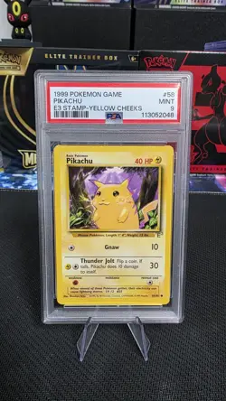 1999 Pokemon Game #58 PIKACHU E3 STAMP YELLOW CHEEKS 58/102 Base Set Card PSA 9 - Image 1