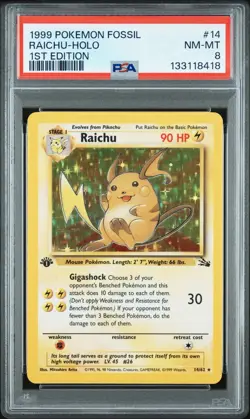 1999 POKEMON FOSSIL 1ST ED #14 RAICHU-HOLO PSA 8 - Image 1